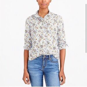 J. Crew Mercantile medium blue floral button down shirt blouse preppy ruffle